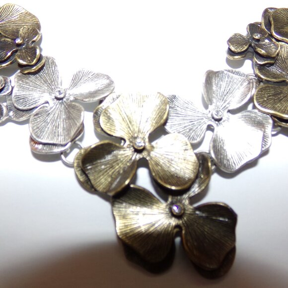 Fossil Flower Necklace Leather Silver Bronze Tone 16'' CZ Sparkle - Picture 5 of 12